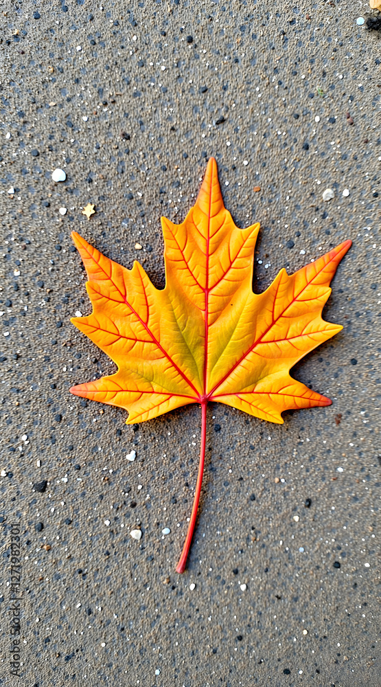 A vibrant orange maple leaf resting on a textured gray surface showcases the beauty of autumn with intricate veins and a crisp detail A vibrant orange maple leaf resting on a textured gray surface showcases the beauty of autumn with intricate veins and a crisp detail