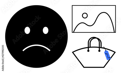 Black sad face symbol, abstract line art picture, and handbag with blue tag. Ideal for emotion, art, consumerism, wealth, dissatisfaction shopping metaphor. Abstract line flat metaphor