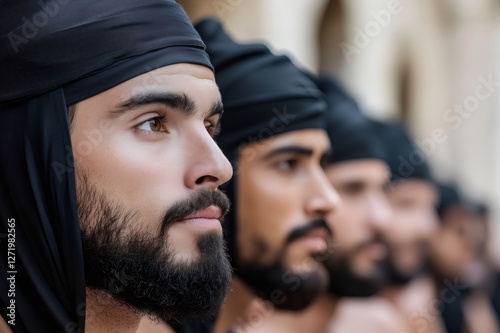 Row of nazarenes wearing black tunics and hoods, waiting for the procession during holy week celebrations