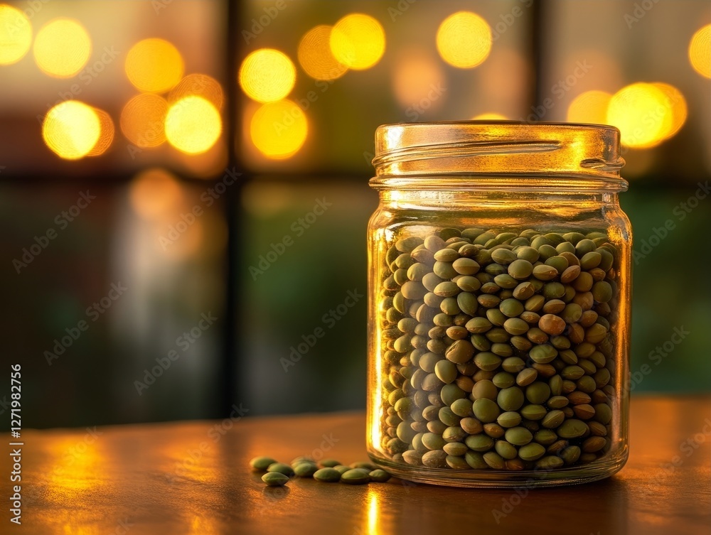 jar filled with green lentils, under a soft spotlight that casts a warm glow jar filled with green lentils, under a soft spotlight that casts a warm glow