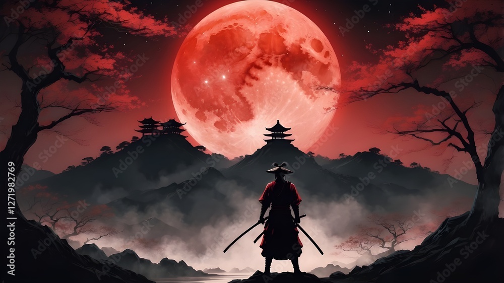 A Lone Samurai Stands on a Mountain at night, against the backdrop of a red moon. A Lone Samurai Stands on a Mountain at night, against the backdrop of a red moon.