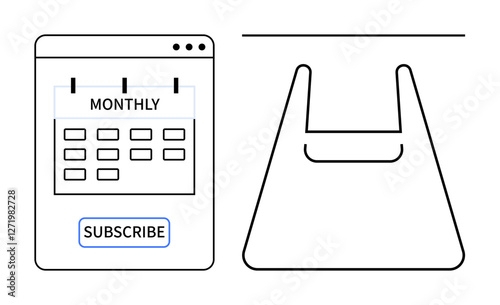 Calendar interface with Monthly header and Subscribe button, alongside a shopping bag outline. Ideal for subscription services, e-commerce, monthly plans, convenience, shopping habits, retail