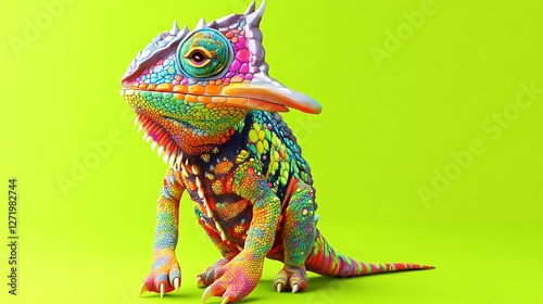 A unique chameleon-bird hybrid with colorful scales and sharp beak perched on a lime green solid background,