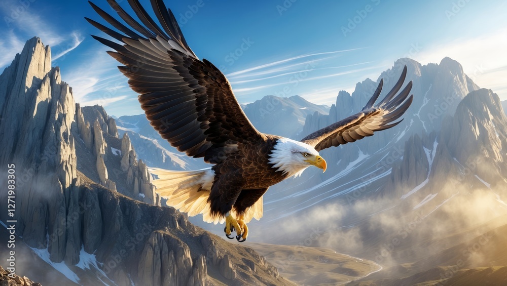 Obraz premium Majestic eagle soaring over rugged mountain landscape at sunset with vibrant sky and dramatic peaks