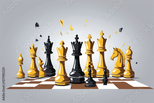Falling chess pieces on the board isolated on transparent background