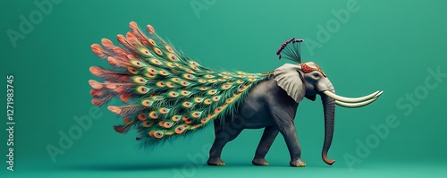 An elegant peacock-elephant hybrid with vibrant tail feathers and tusks on a jade green solid background,