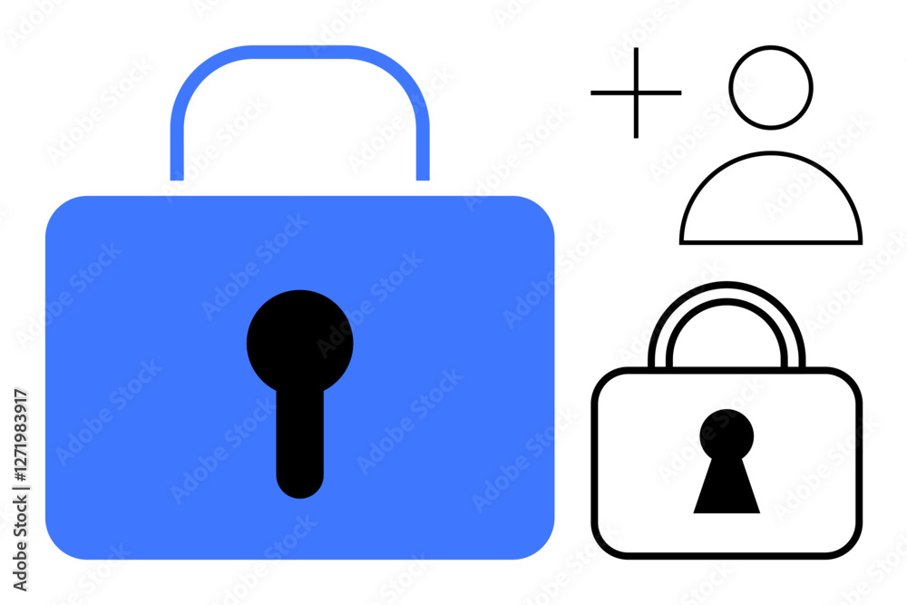 Blue lock icon, smaller white lock icon, plus symbol, and user avatar. Ideal for security, access control, data protection, user authentication privacy cyber security online safety. Lock metaphor Blue lock icon, smaller white lock icon, plus symbol, and user avatar. Ideal for security, access control, data protection, user authentication privacy cyber security online safety. Lock metaphor
