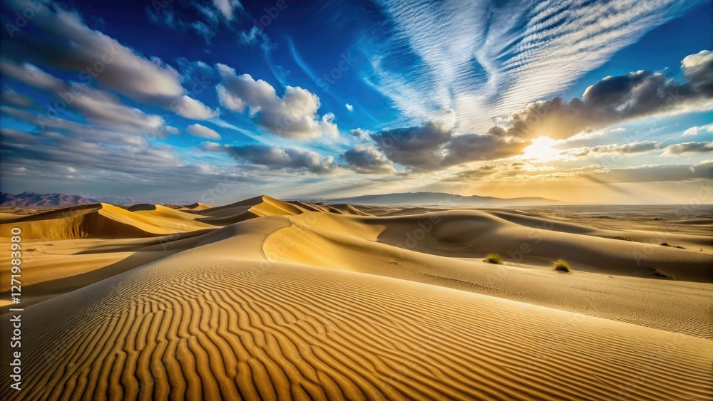 Naklejka premium Desert landscape with vast open space and towering sand dunes blowing gently in the wind, atmospheric effects, serene environment, landscape