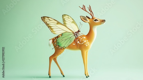 An enchanting deer-butterfly hybrid with delicate wings and graceful pose on a pale mint green solid background,