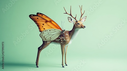 An enchanting deer-butterfly hybrid with delicate wings and graceful pose on a pale mint green solid background,