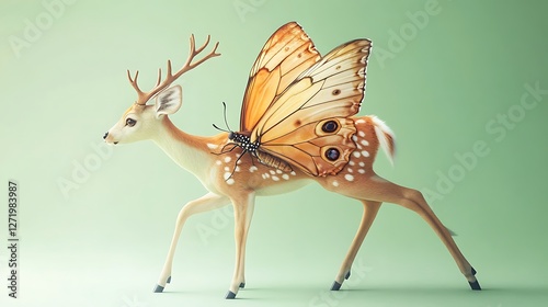 An enchanting deer-butterfly hybrid with delicate wings and graceful pose on a pale mint green solid background,