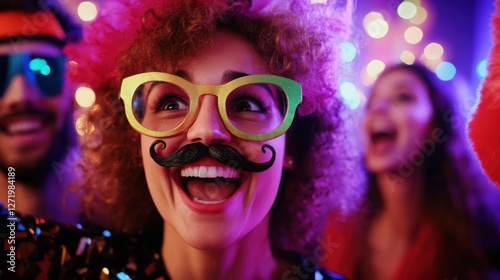 Joyful young female in costume at vibrant party with friends. photo