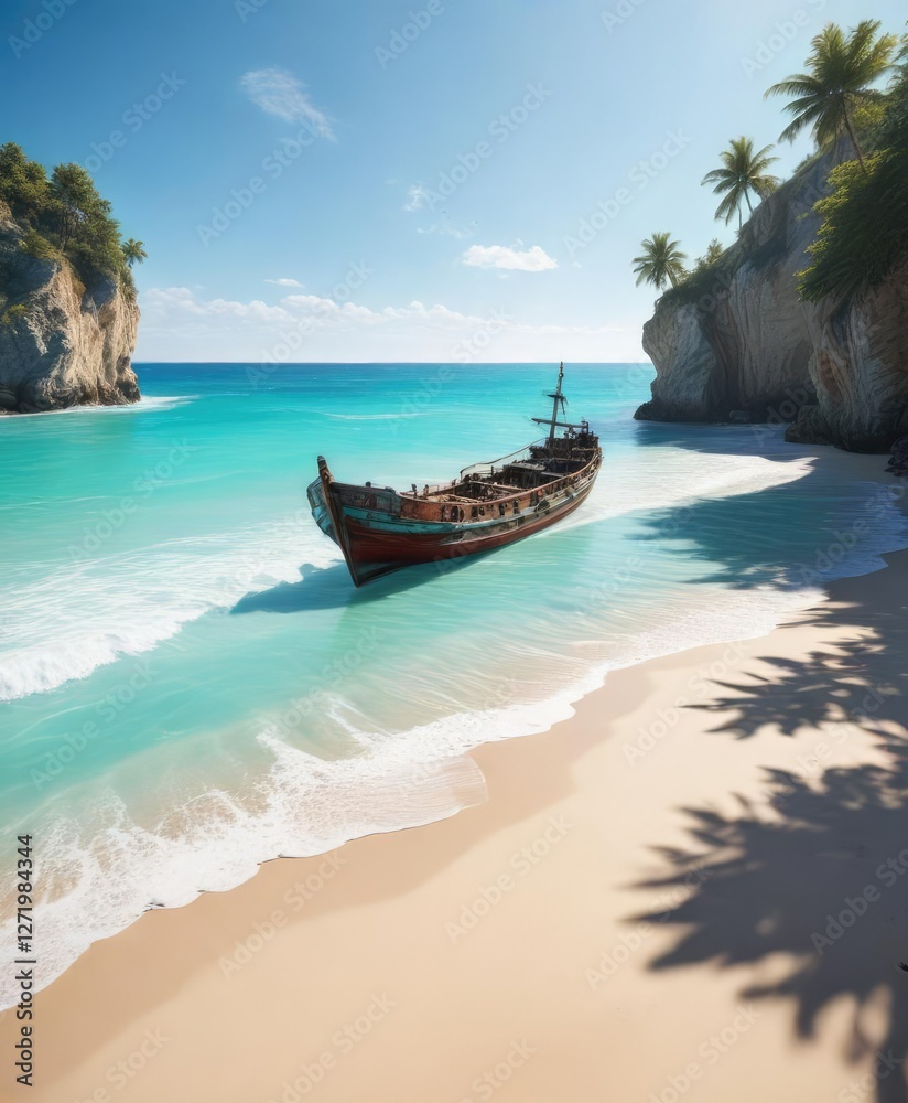 Fototapeta premium Distant shipwreck in the turquoise sea on a sunny beach day , shipwreck, warm, distance