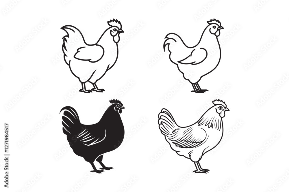 Fototapeta premium Hen Silhouette and Outline Clipart Set for Digital and Print Designs