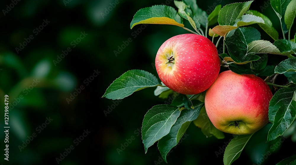 Obraz premium Two Ripe Red Apples on a Branch with Green Leaves