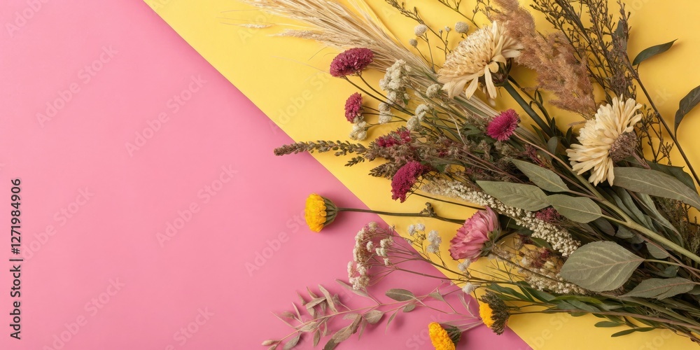 Dried flowers and foliage against a bright pink and sunshine yellow background, natural textures, dried flowers, rustic elements, pink background, seasonal bouquet Dried flowers and foliage against a bright pink and sunshine yellow background, natural textures, dried flowers, rustic elements, pink background, seasonal bouquet