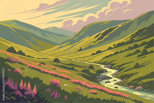  Majestic mountain valley, vibrant green rolling hills, golden sunlight, dramatic shadows, lush meadows, winding river, colorful wildflowers, ethereal atmosphere, pastel sky, wispy clouds, dream-lik