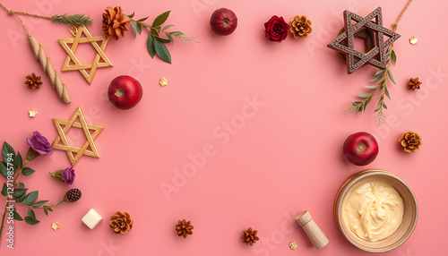 Flat lay composition with symbols jewish Rosh Hashanah holiday attributes on colored background, Rosh hashanah concept. New Year holiday Traditional. Top view with copy space, flat design. with whit
