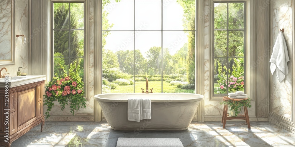 Fototapeta premium Elegant bathroom features a large window overlooking a lush garden