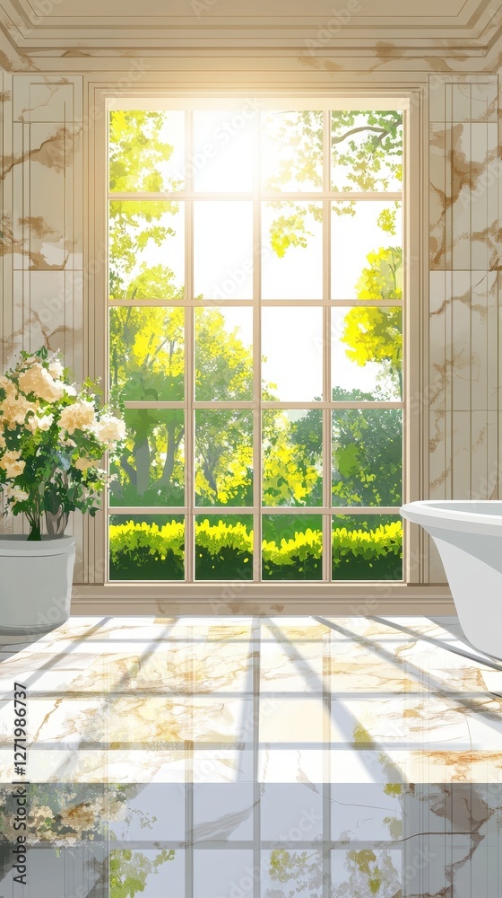 Light streams through a bright window in a marble bathroom Light streams through a bright window in a marble bathroom