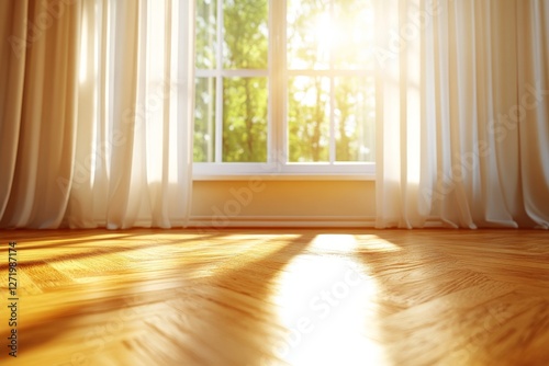 Sunlit empty room with wooden floor and large window casting natural light creating warm inviting ambiance symbolizing minimalism home interior design peaceful space and architectural aesthetics