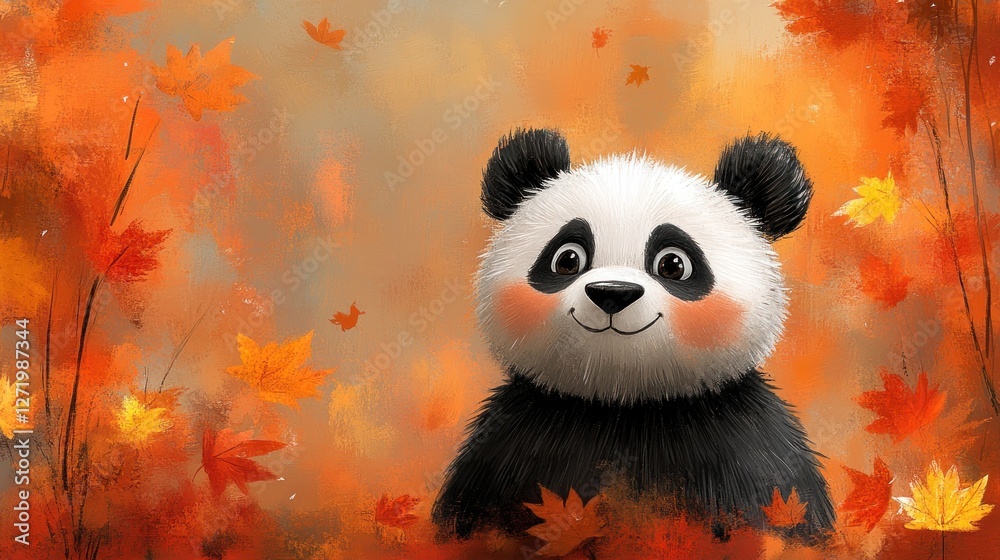 Fototapeta premium Autumn Panda Forest Card Illustration