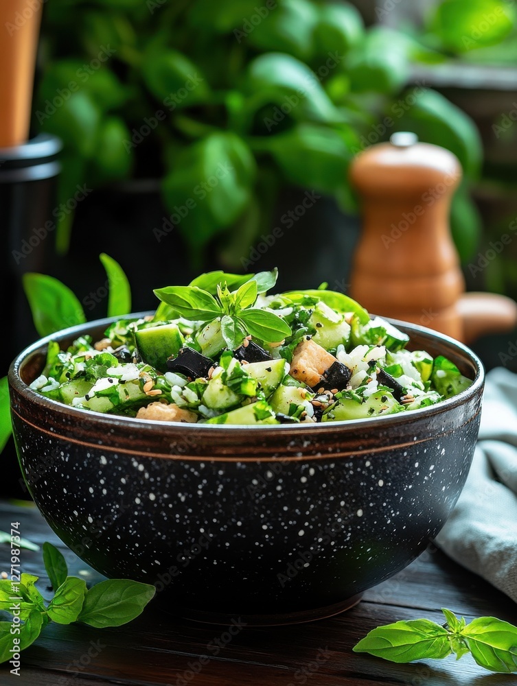 Fresh black and green rice salad with vegetables and herbs for healthy living. Fresh black and green rice salad with vegetables and herbs for healthy living.