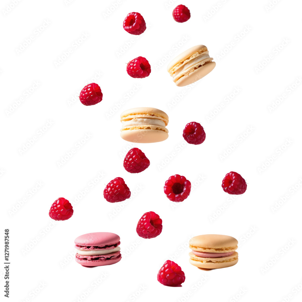 Obraz premium Raspberry Macarons with Raspberries Floating Above Isolated on Transparent Background.
