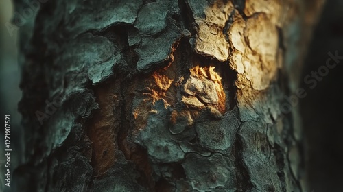 Close up shows textured tree bark with light hitting photo