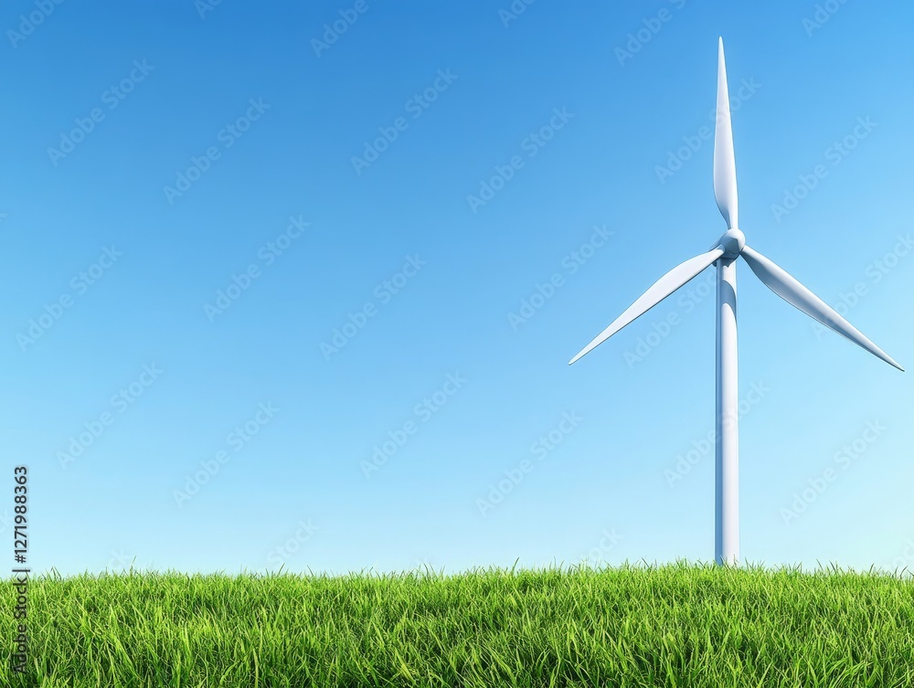 Sustainable energy wind turbine standing on lush green grass field under clear blue sky representing renewable power and clean energy for eco friendly electricity generation sustainability concept Sustainable energy wind turbine standing on lush green grass field under clear blue sky representing renewable power and clean energy for eco friendly electricity generation sustainability concept