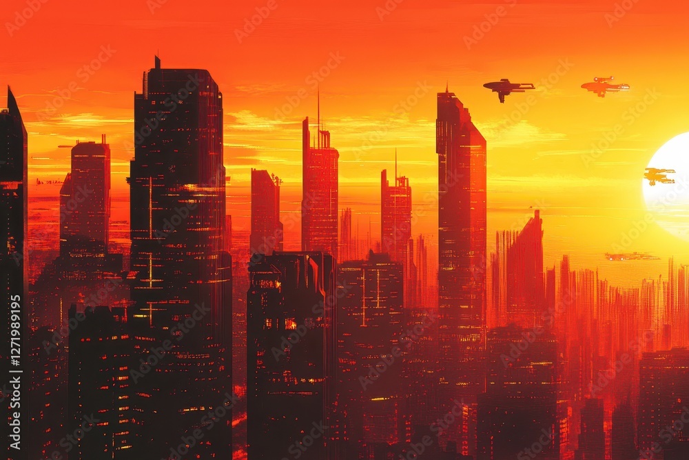 Fototapeta premium Futuristic cityscape bathed in intense orange light with flying vehicles
