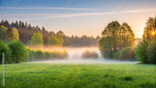 Wallpaper Mural Panoramic dawn in forest meadow soft mist landscape photography tranquil natural environment Torontodigital.ca