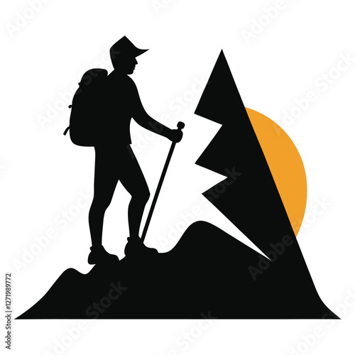 Hiker Silhouette on Mountain Peak Adventure Vector Art