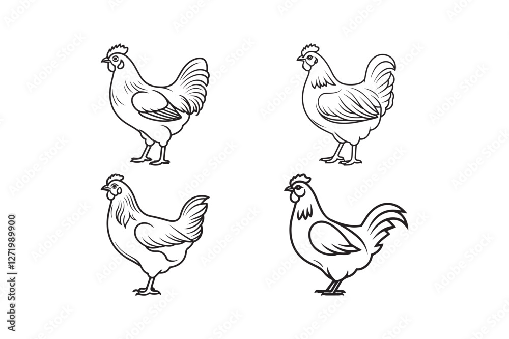 Fototapeta premium Hen Silhouette and Outline Clipart Set for Digital and Print Designs