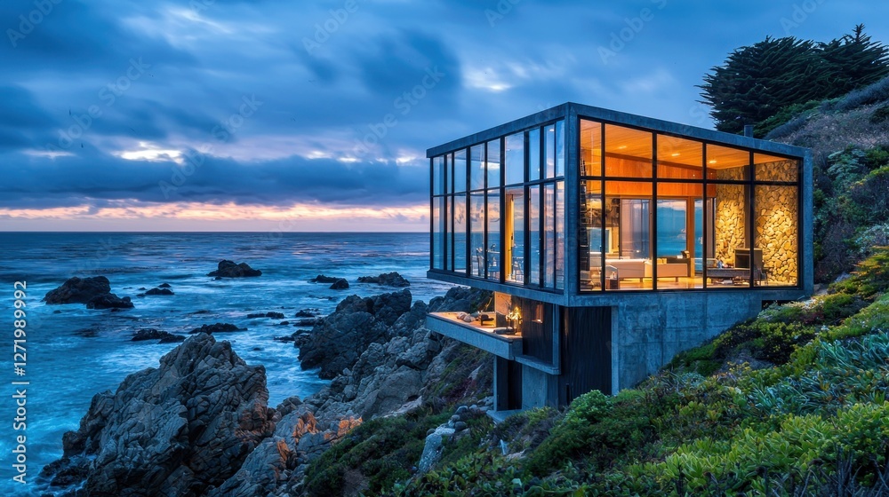 Fototapeta premium Modern glass house on a cliff overlooking ocean at sunset.