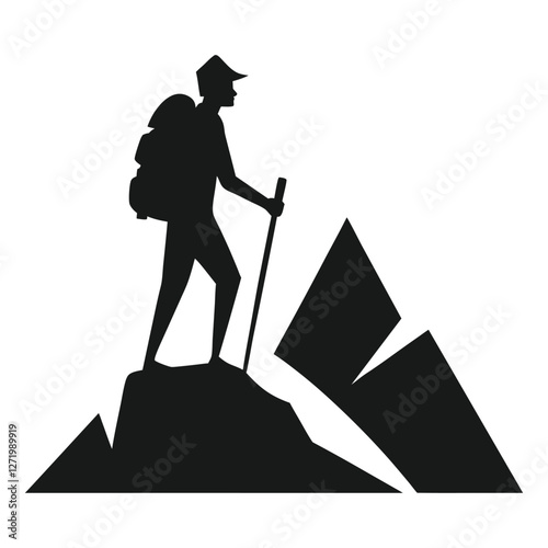 Hiker Silhouette Standing on Mountain Peak Isolated Vector