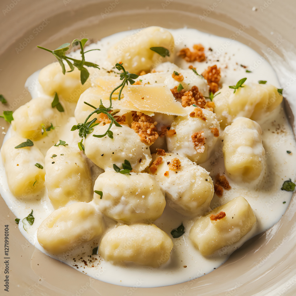 Delicious homemade gnocchi in cream sauce garnished with herbs and cheese. Delicious homemade gnocchi in cream sauce garnished with herbs and cheese.
