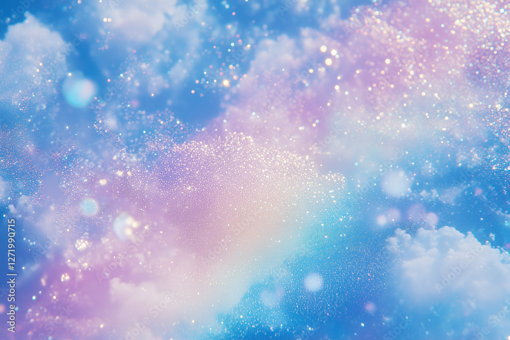 Aerial view of the blue sky, with white clouds that have an iridescent, shimmering, glittery rainbow-like opalescence, sparkling in a sparklecore, anime-inspired aesthetic Aerial view of the blue sky, with white clouds that have an iridescent, shimmering, glittery rainbow-like opalescence, sparkling in a sparklecore, anime-inspired aesthetic