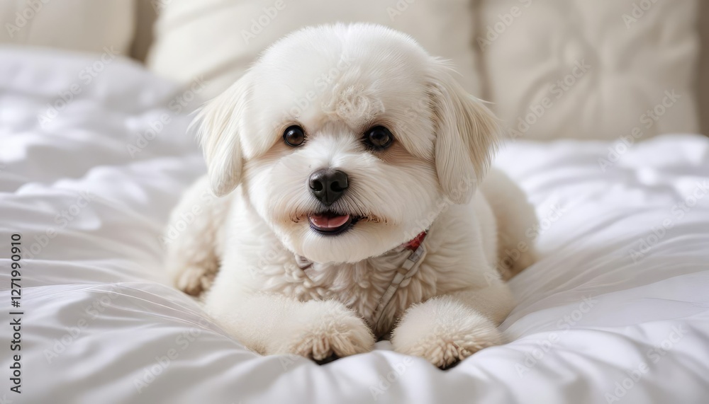 Fluffy white bichon frise dog lying peacefully on a white bed with matching comforter, animal, cozy Fluffy white bichon frise dog lying peacefully on a white bed with matching comforter, animal, cozy