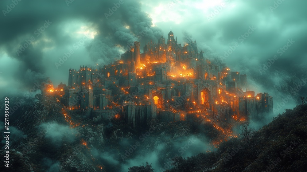 Obraz premium A grand castle engulfed in flames with smoke billowing into a stormy sky as the surrounding landscape is illuminated by an eerie glow
