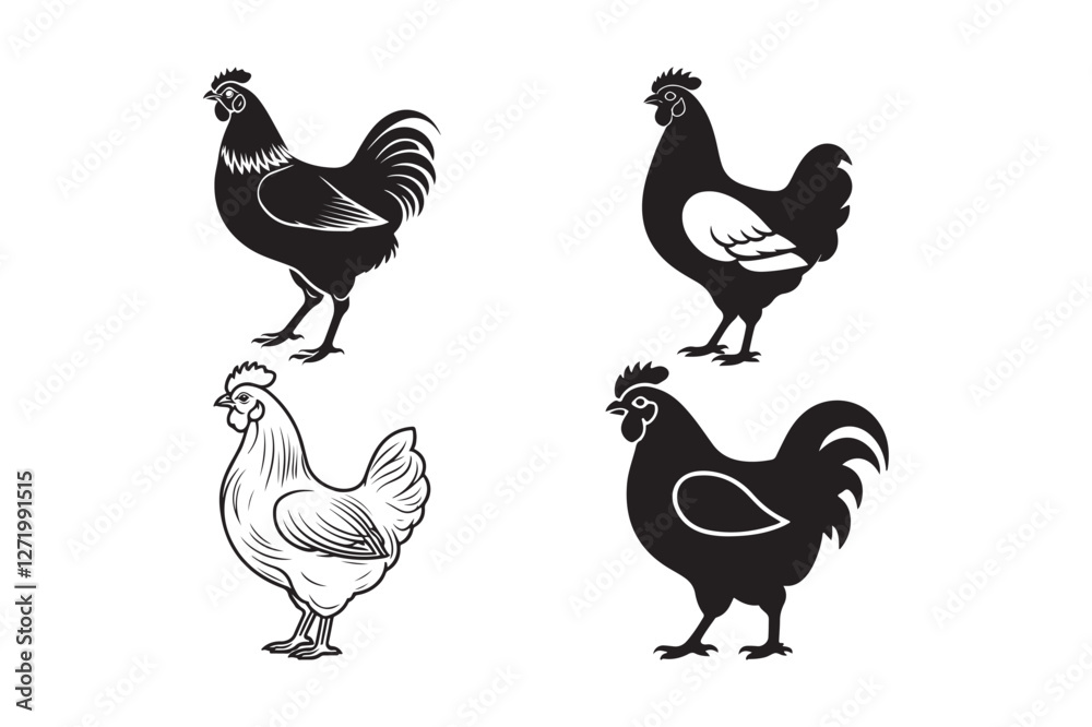 Fototapeta premium Hen Silhouette and Outline Clipart Set for Digital and Print Designs