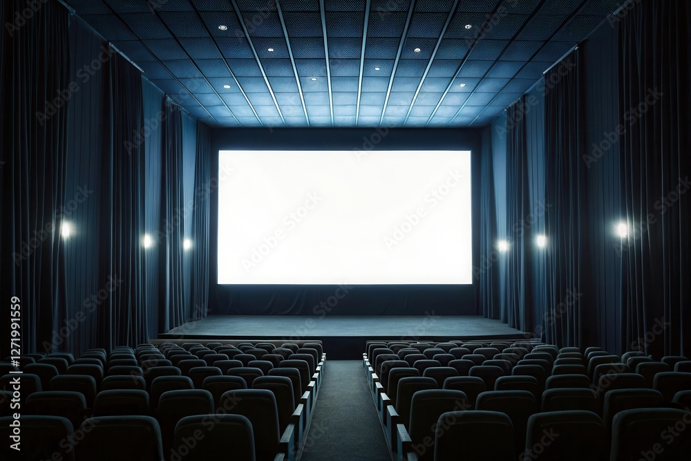 Obraz premium Empty dark cinema with illuminated screen and rows of black seats in auditorium.