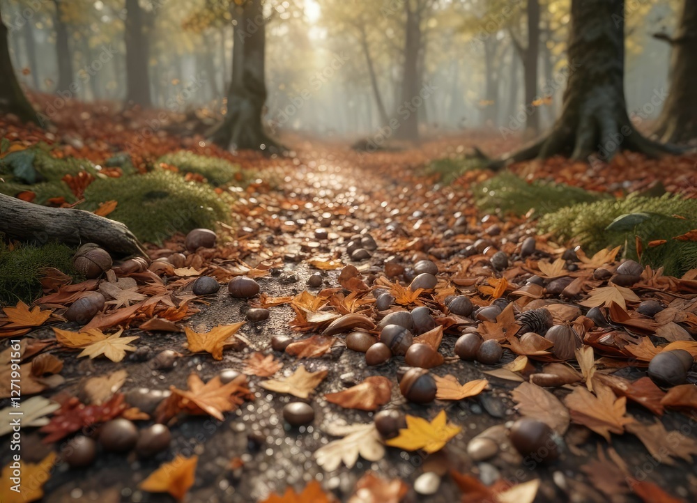 Forest floor covered with fallen leaves and acorns, forest landscape, woodland scene, autumn forest Forest floor covered with fallen leaves and acorns, forest landscape, woodland scene, autumn forest