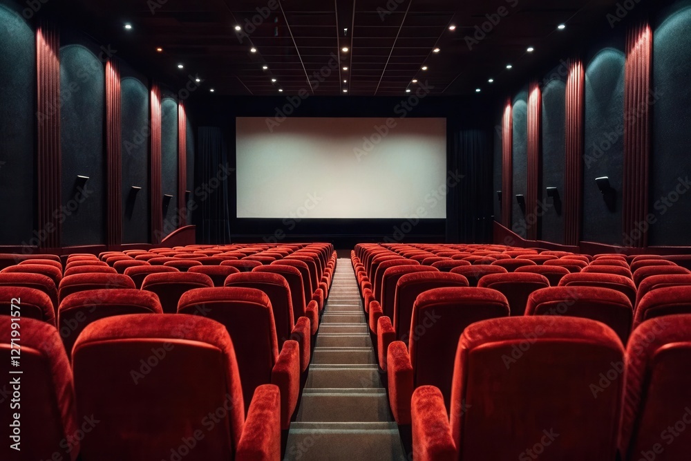 Fototapeta premium Empty red velvet theater seats facing large screen in dimly lit auditorium.