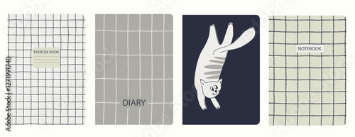 Set of cover page templates with hand drawn cat. Based on seamless patterns. Headers isolated and replaceable. Perfect for notebooks, notepads, diaries, etc