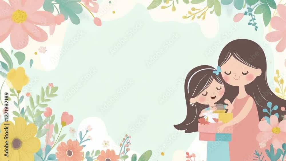 Mother and daughter embrace amidst vibrant floral background Mother and daughter embrace amidst vibrant floral background