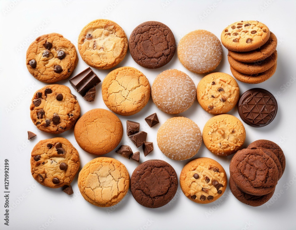 A diverse collection of cookies, including chocolate chip, sugar, and butter cookies, arranged on a white background. A diverse collection of cookies, including chocolate chip, sugar, and butter cookies, arranged on a white background.