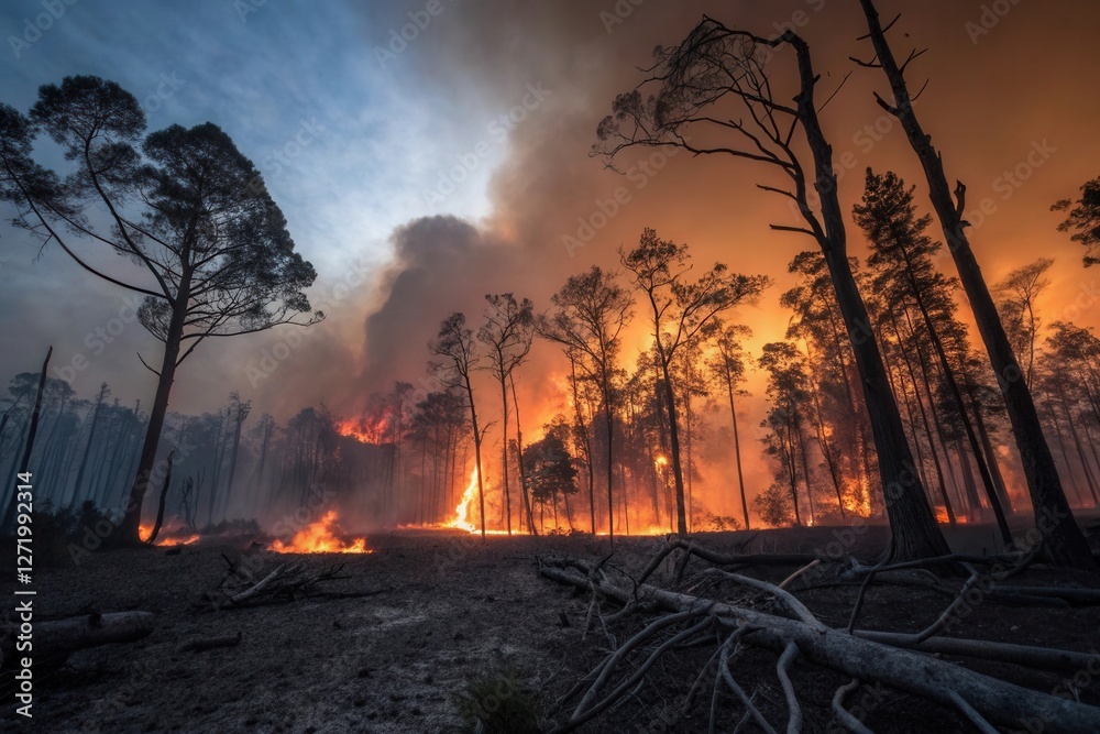 Fototapeta premium Intense forest fire devouring trees under dramatic sky at dusk.