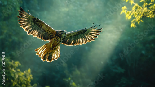 goshawk soaring high above dense forest, illuminated by sunlight