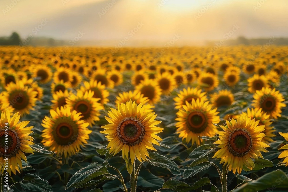 Fototapeta premium A vast field of sunflowers stretches to the horizon, bathed in the warm, golden light of the setting sun, creating a breathtaking and serene rural landscape.